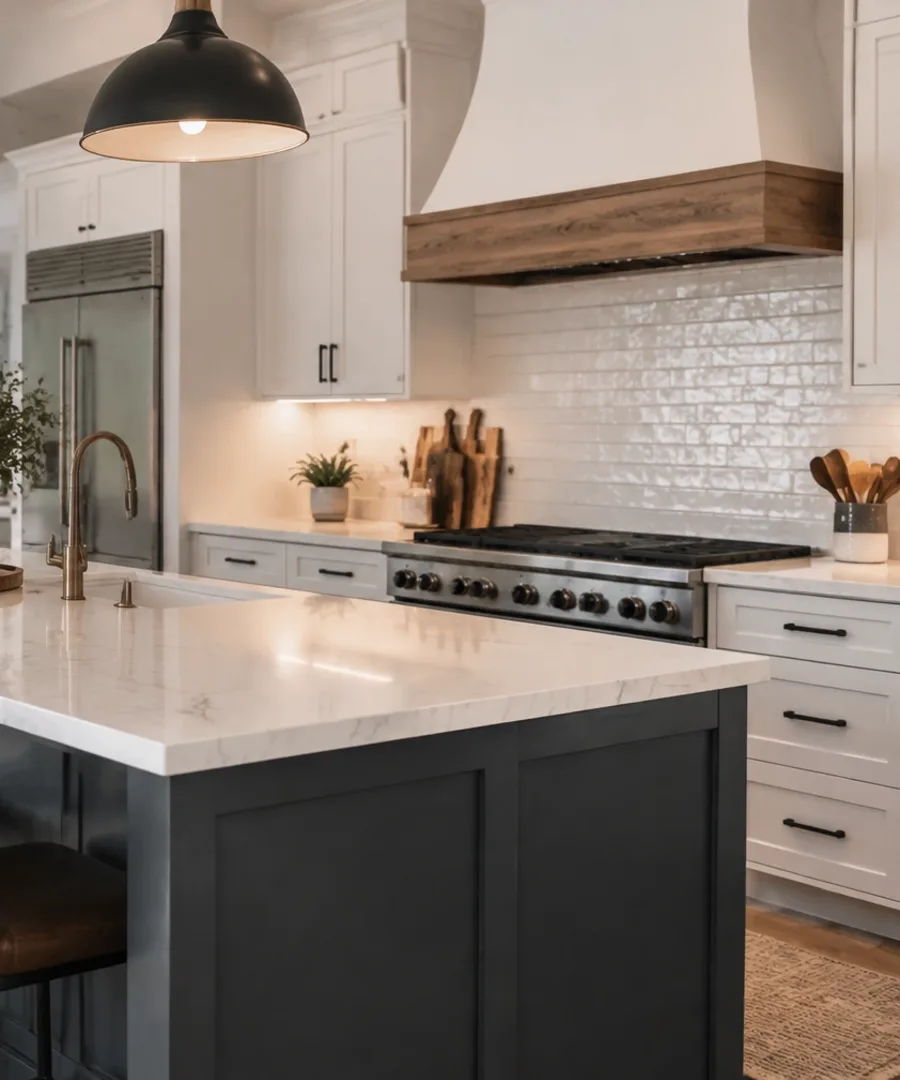 Bright kitchen with white cabinetry, pendant lighting, and a spacious island